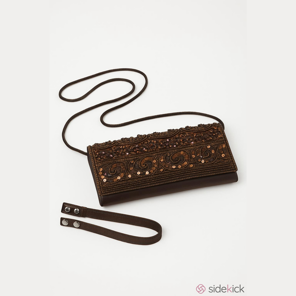 NWOT Bijou Terner brown satin, sequin, bead clutch